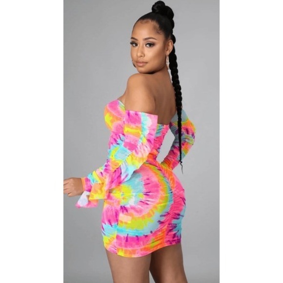 Bodycon Tie Dye Off Shoulder Mini Dress Size L Rainbow Mardi Gras - Picture 4 of 16